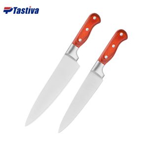 Stainless Steel Chef Knives with Red Colored Wood Handle