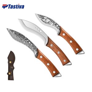 Stainless Steel Outdoor Utility Knives with Merbau Wood Handle and Leather Sheath