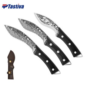Stainless Steel Outdoor Utility Knives with Black Colored Wood Handle and Leather Sheath