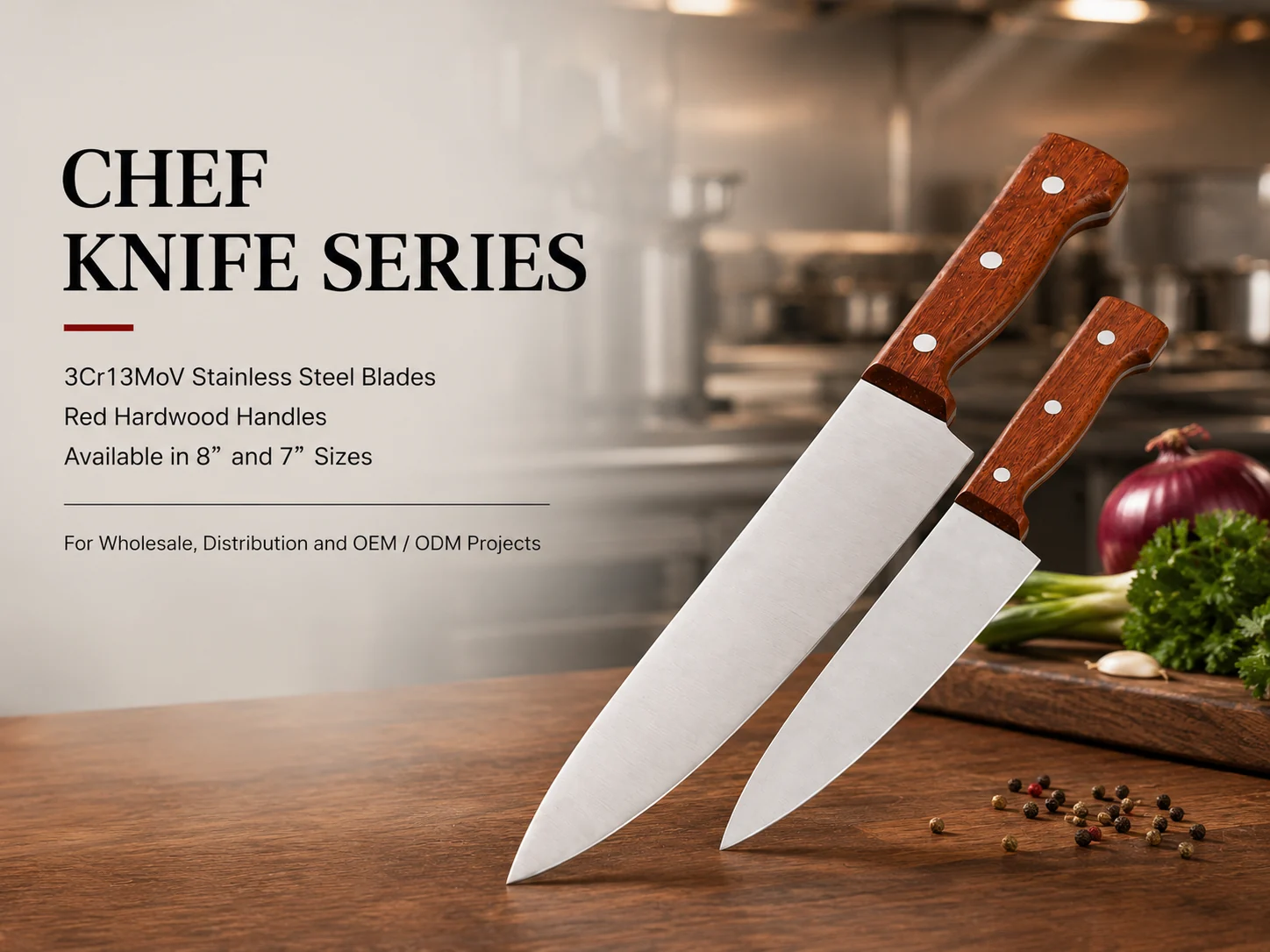 Chef knife series with 3Cr13MoV stainless steel blades and red hardwood handles