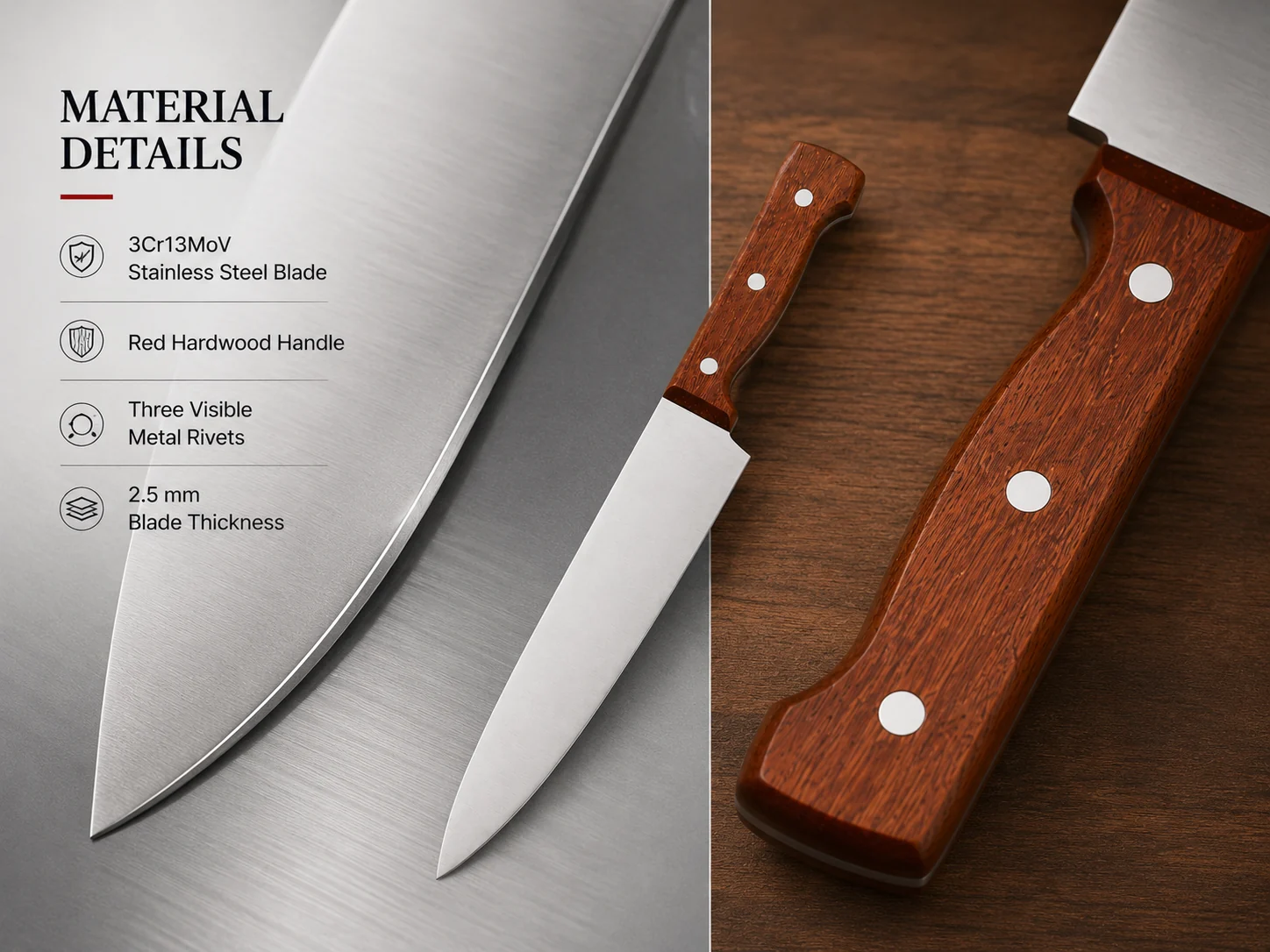Material details showing 3Cr13MoV stainless steel blade red hardwood handle and metal rivets