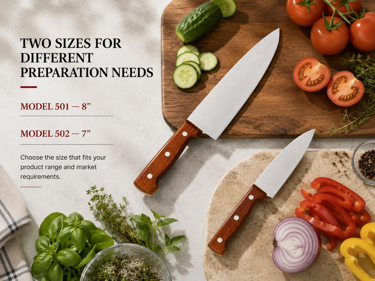 Model 501 8 inch and Model 502 7 inch chef knives for different preparation needs