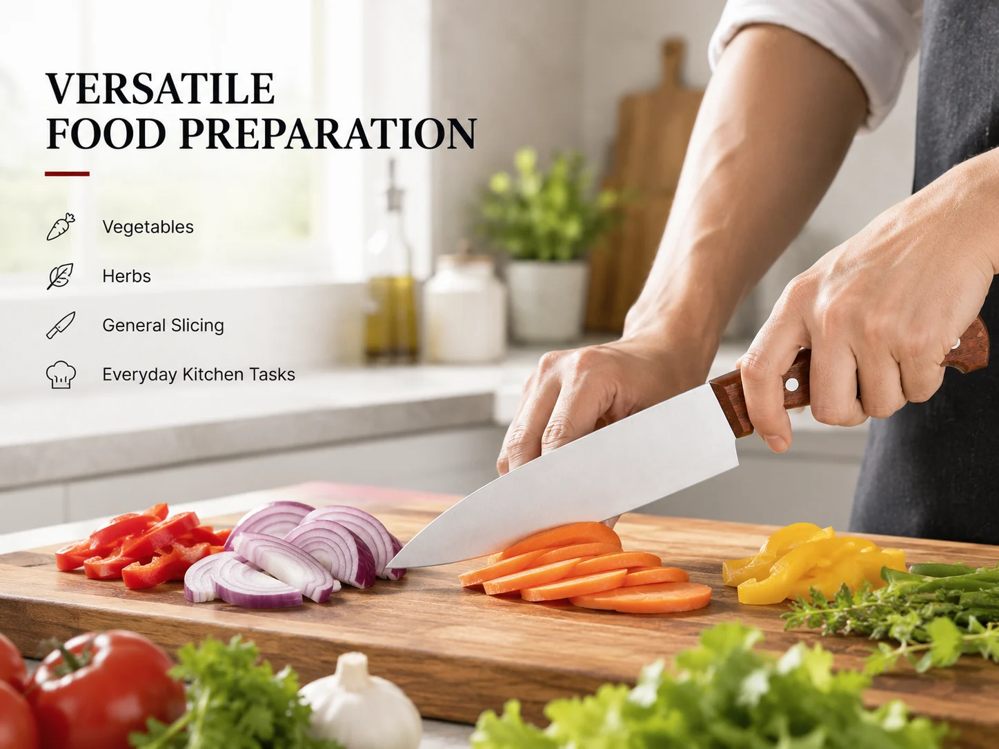 Chef knife used for vegetables herbs and everyday kitchen slicing
