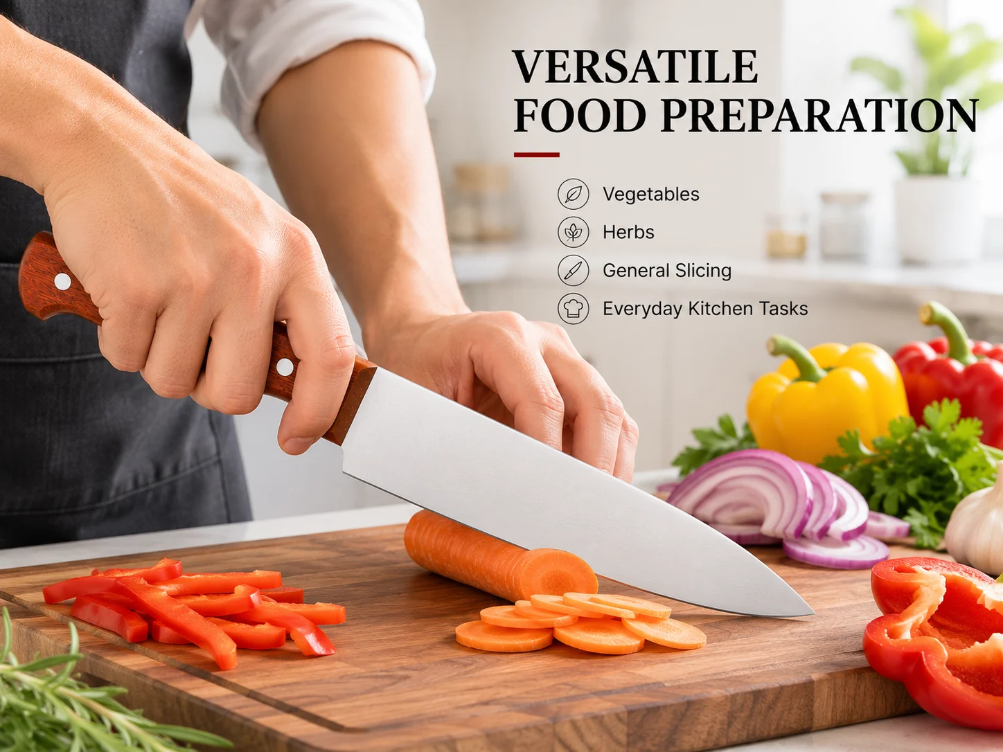 Close-up kitchen preparation scene with red hardwood handle chef knife