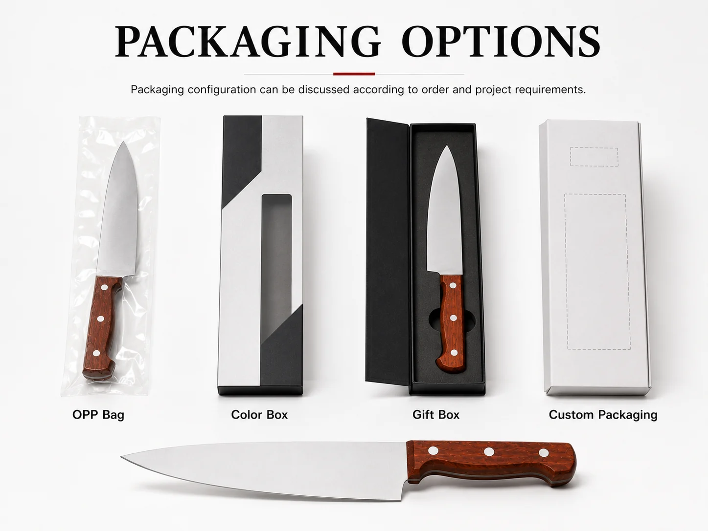 Packaging options for wholesale chef knives including OPP bag color box gift box and custom packaging