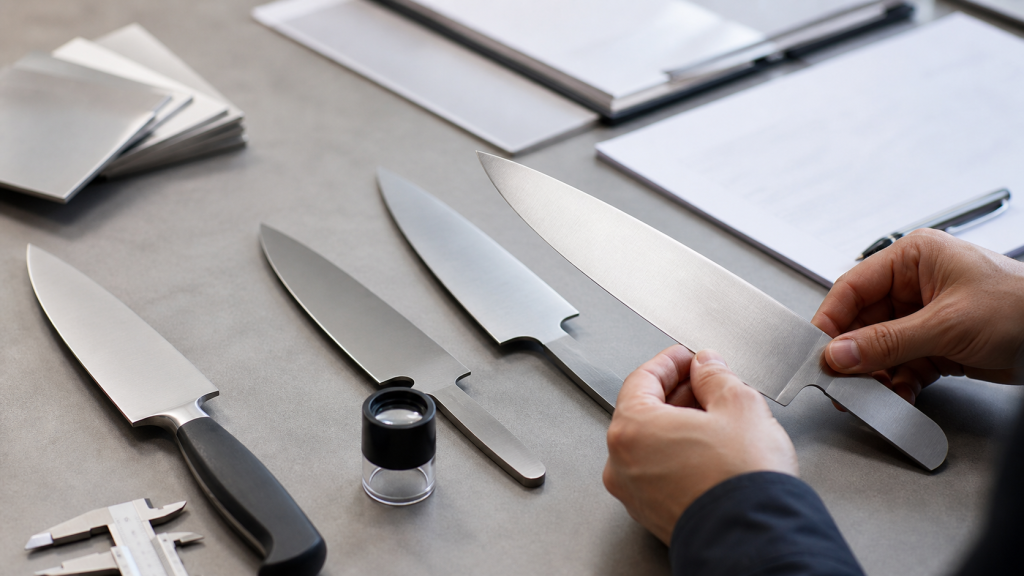 Unbranded kitchen knives and material records arranged for buyer comparison