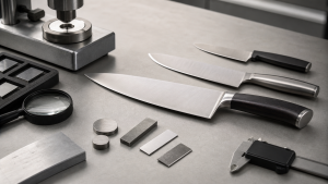 Unbranded kitchen knives and test references arranged to compare hardness toughness wear and corrosion