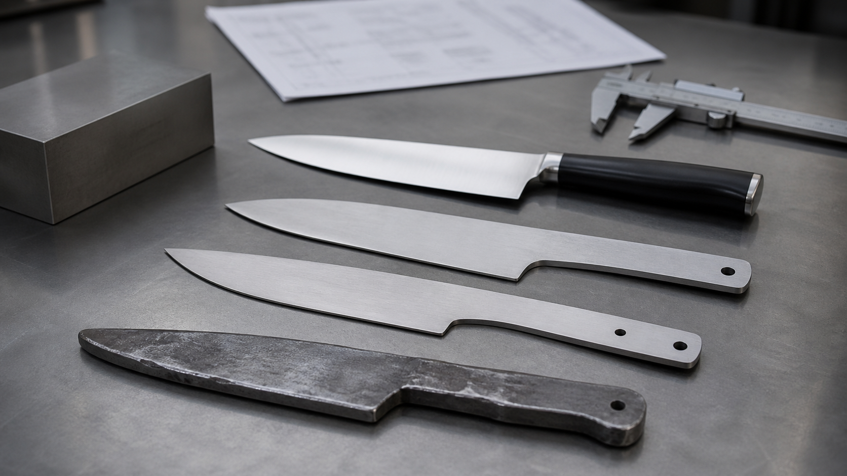 Illustration comparing forged and stamped knife blank-forming routes.