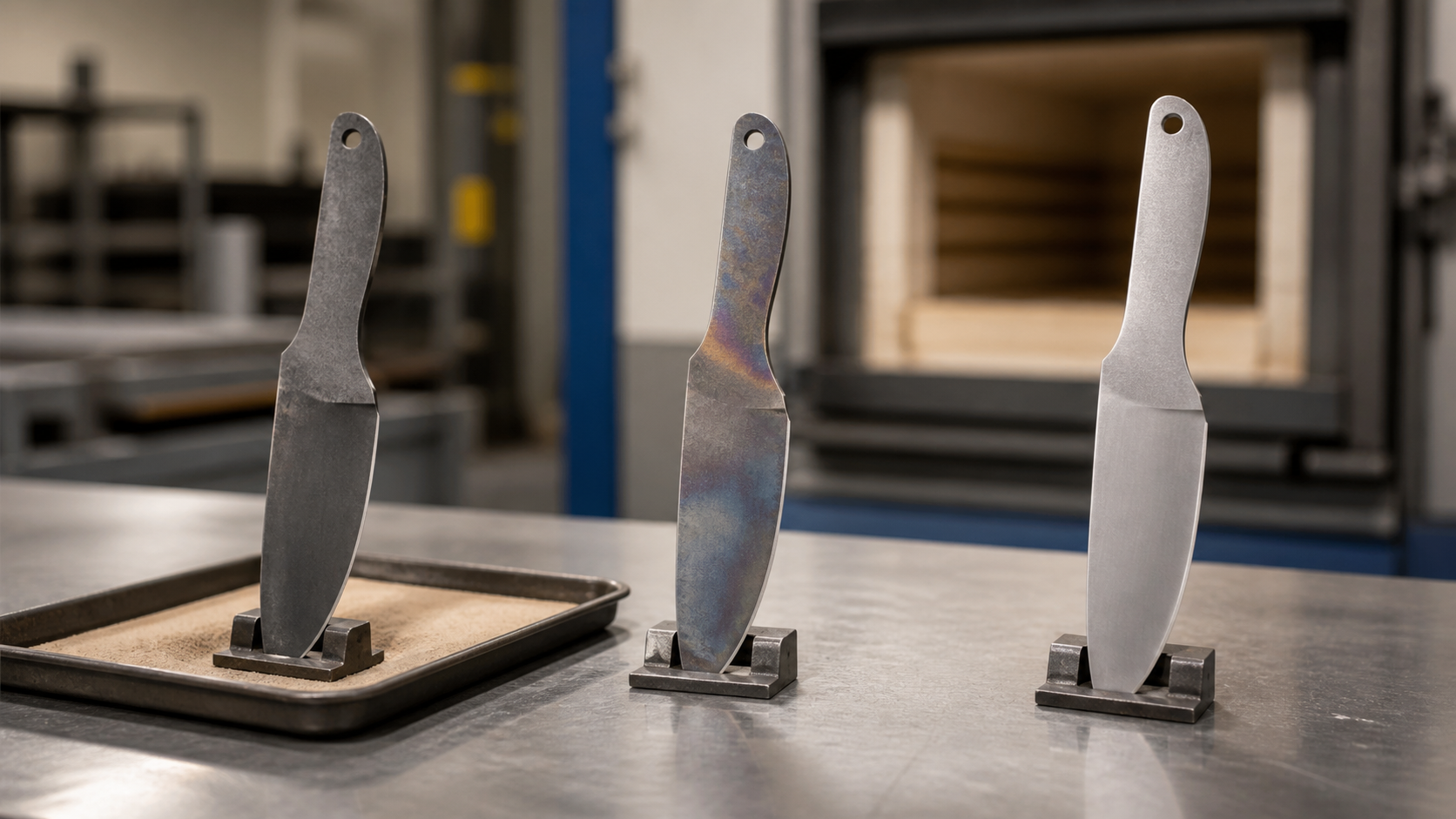 Illustration of the kitchen knife heat-treatment process sequence.