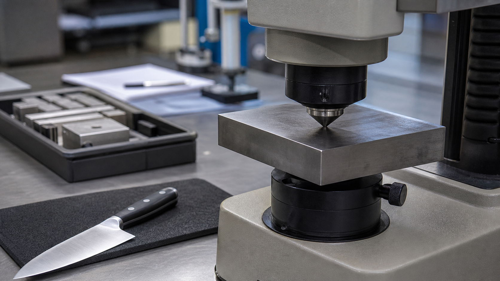 Illustration of a local Rockwell hardness measurement on a knife blade.