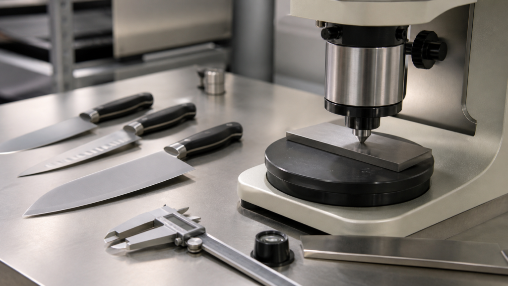 Unbranded kitchen knives and Rockwell hardness inspection equipment shown for visual context
