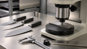 Unbranded kitchen knives and Rockwell hardness inspection equipment shown for visual context
