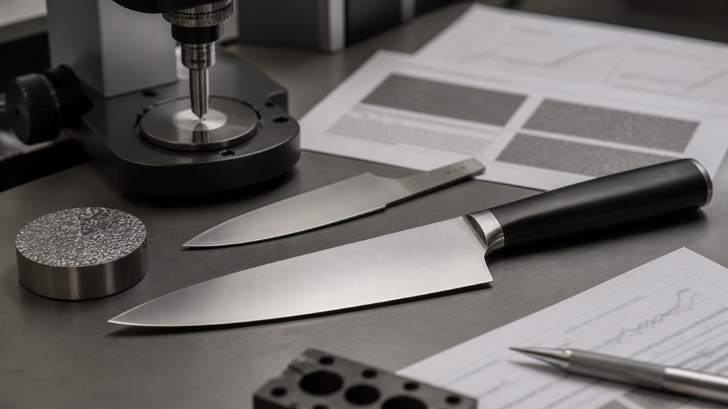 Unbranded kitchen knives and heat-treatment records arranged for process review