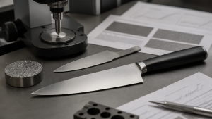 Unbranded kitchen knives and heat-treatment records arranged for process review
