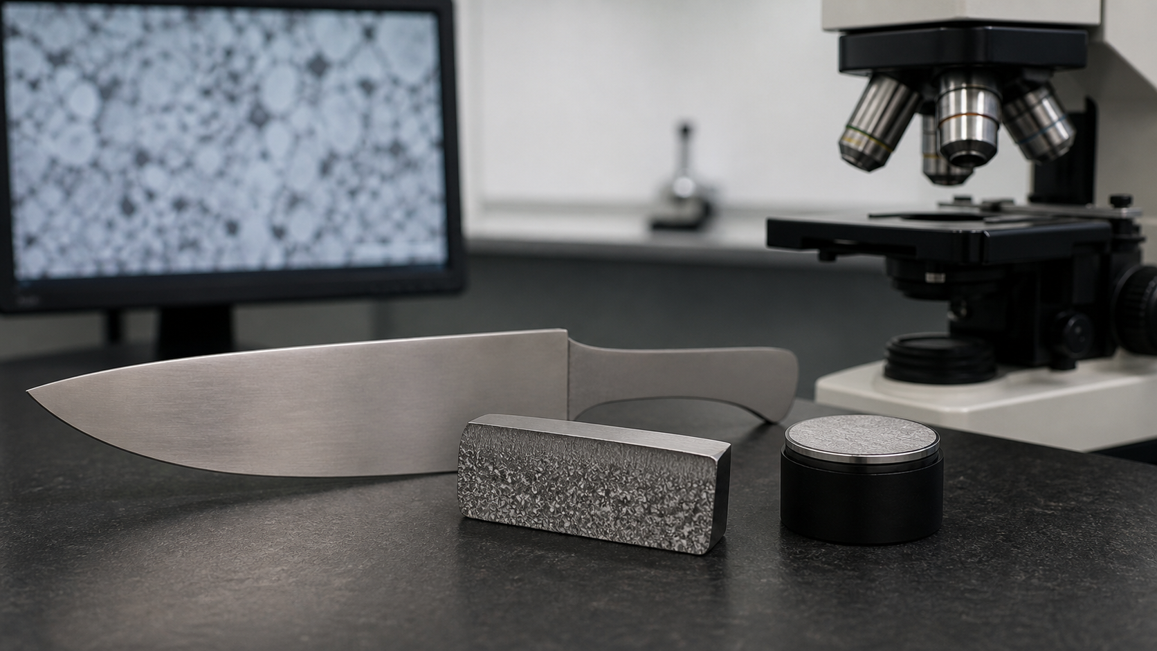 Illustration of microstructure inspection and verification for knife steel.