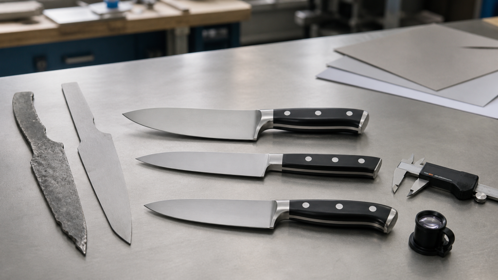 Unbranded forged and stamped knife blanks arranged for manufacturing-route comparison