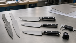 Unbranded forged and stamped knife blanks arranged for manufacturing-route comparison