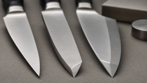 Unbranded kitchen knives with angle and thickness inspection tools shown for geometry review