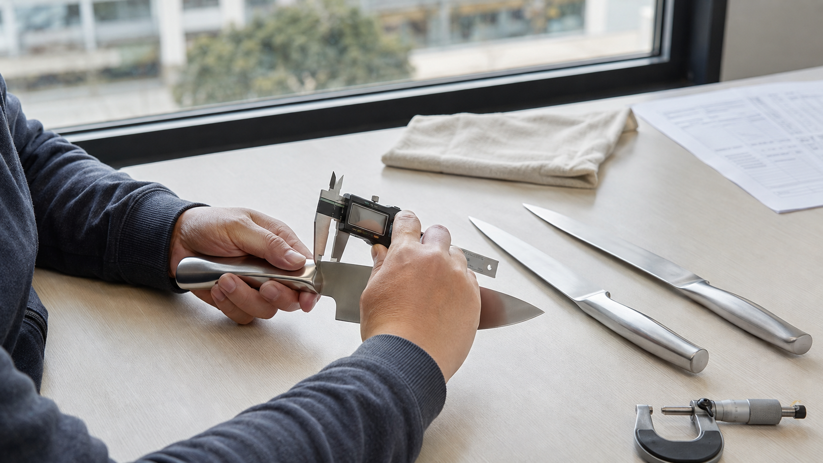 Digital caliper measuring kitchen knife blade thickness at a defined location