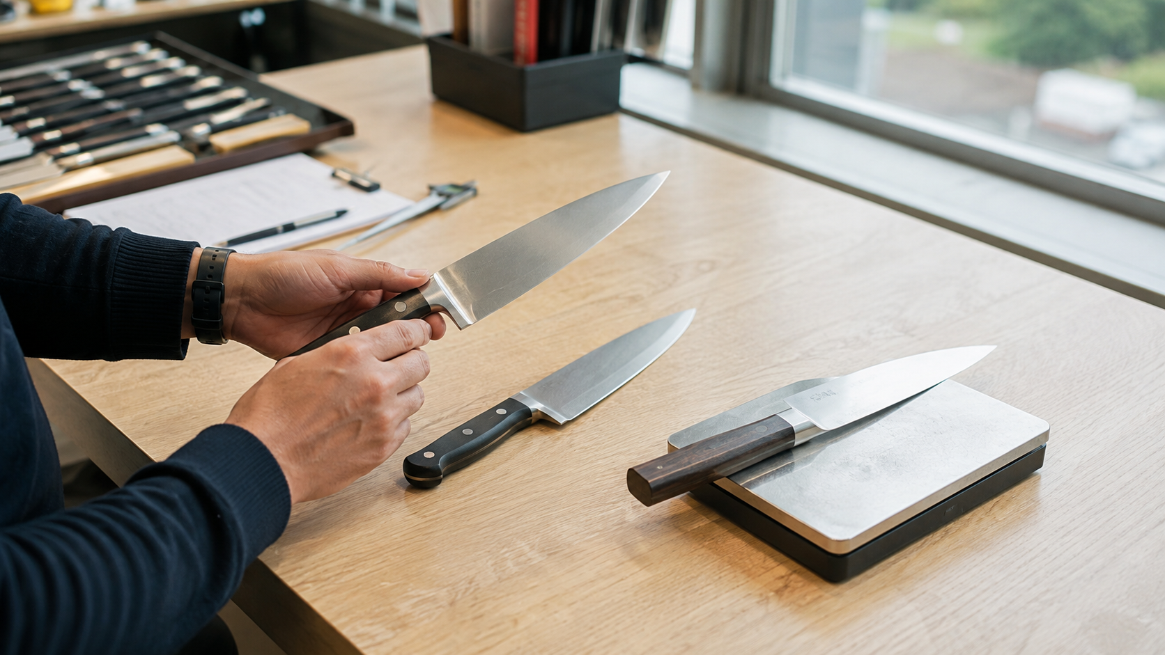 Complete kitchen knives compared with a digital scale to distinguish total mass from mass distribution