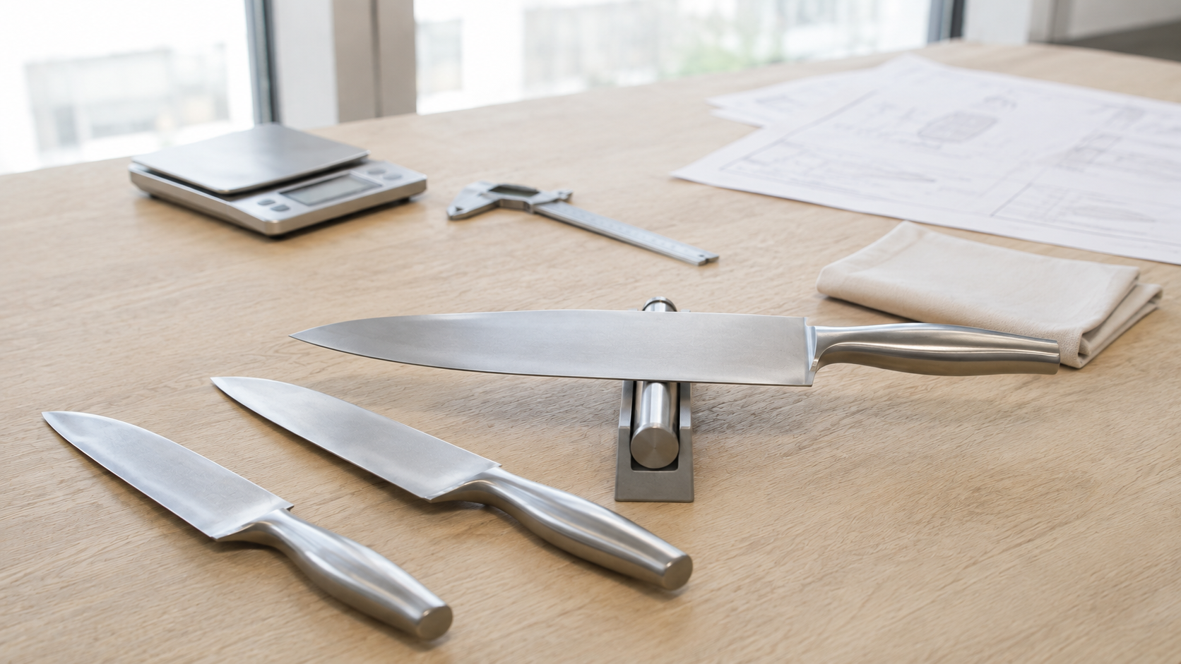 Kitchen knife lying flat across a cylindrical roller during a static balance-point check