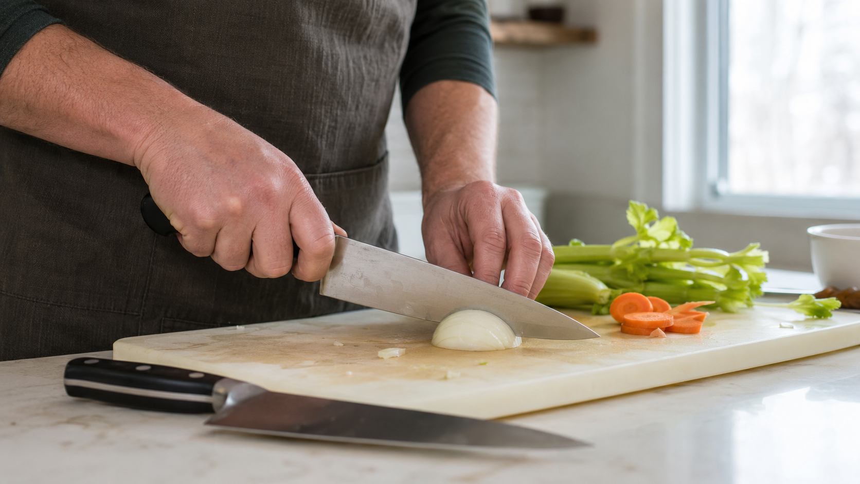 Kitchen knife used with a controlled grip and cutting task to assess subjective handling