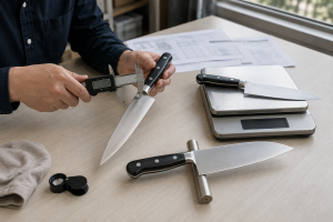 Unbranded kitchen knives and measurement tools arranged to compare thickness weight and balance
