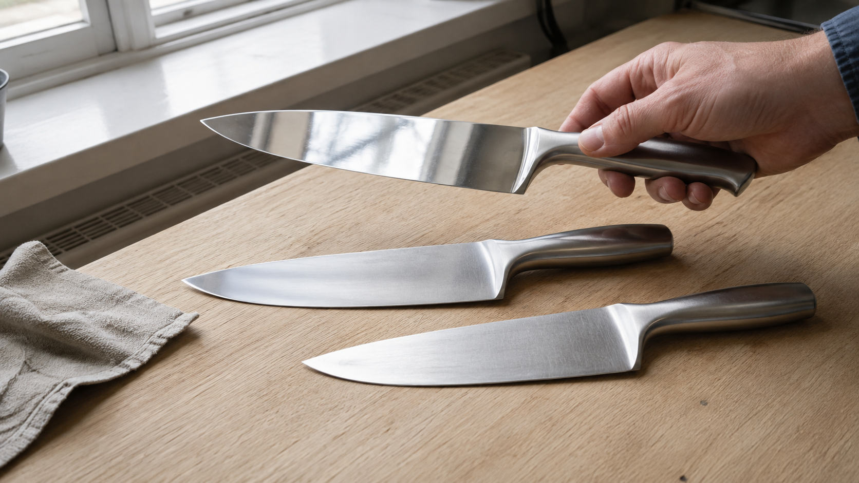 Polished, satin and brushed kitchen knife blades compared in natural daylight