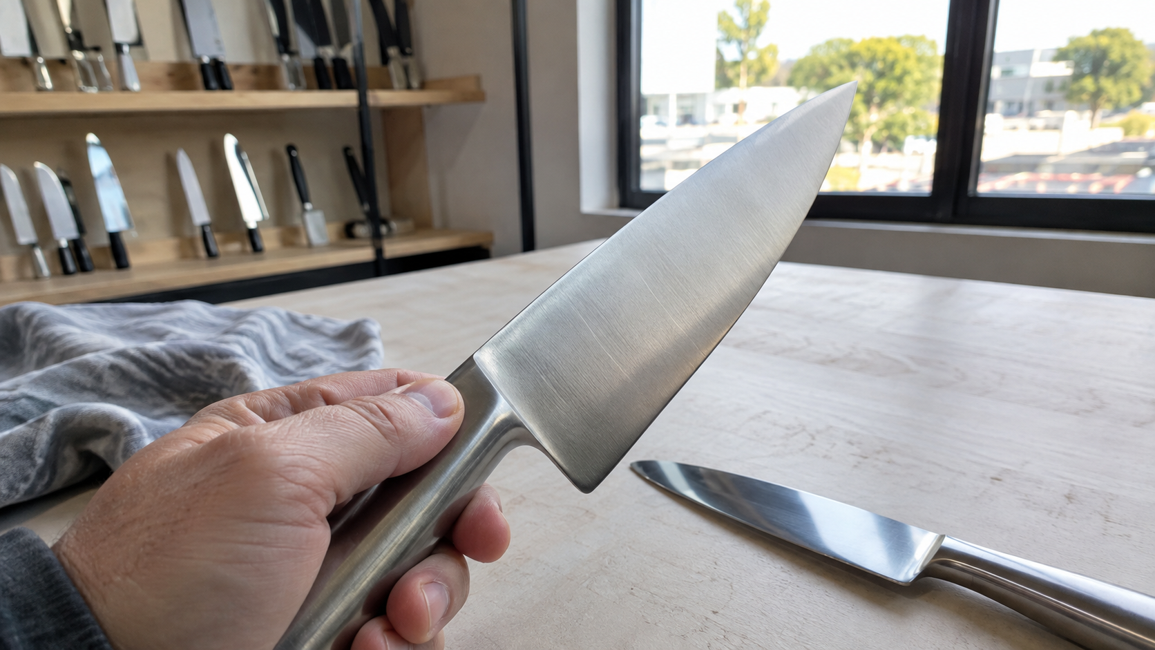 Buyer checking minor cosmetic marks on a brushed kitchen knife blade