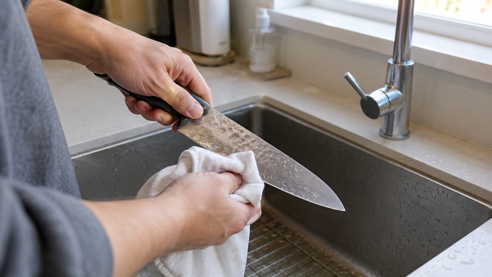 Hammered kitchen knife being dried after normal hand rinsing
