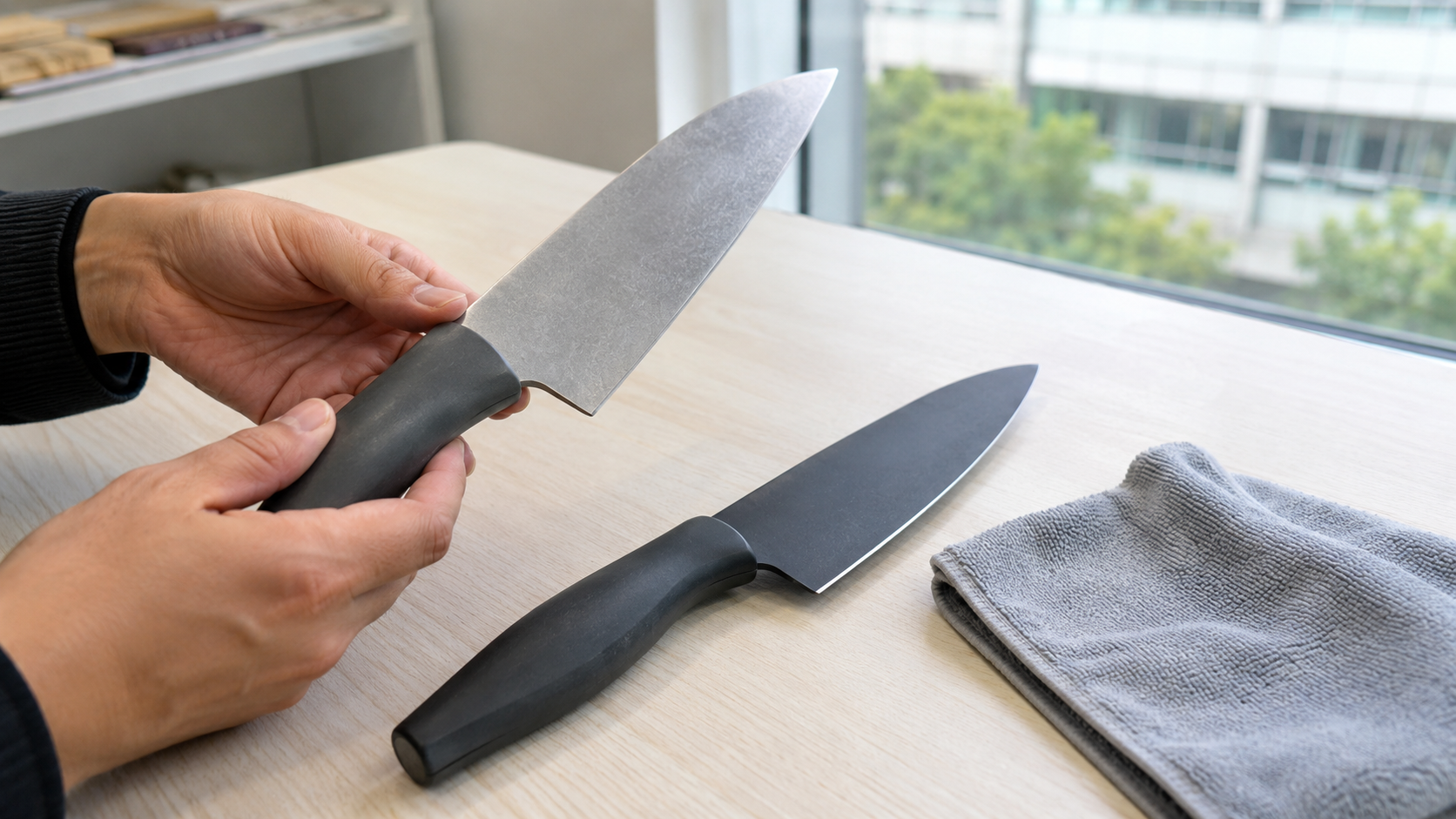 Stonewashed-style and matte coated kitchen knife blades compared side by side