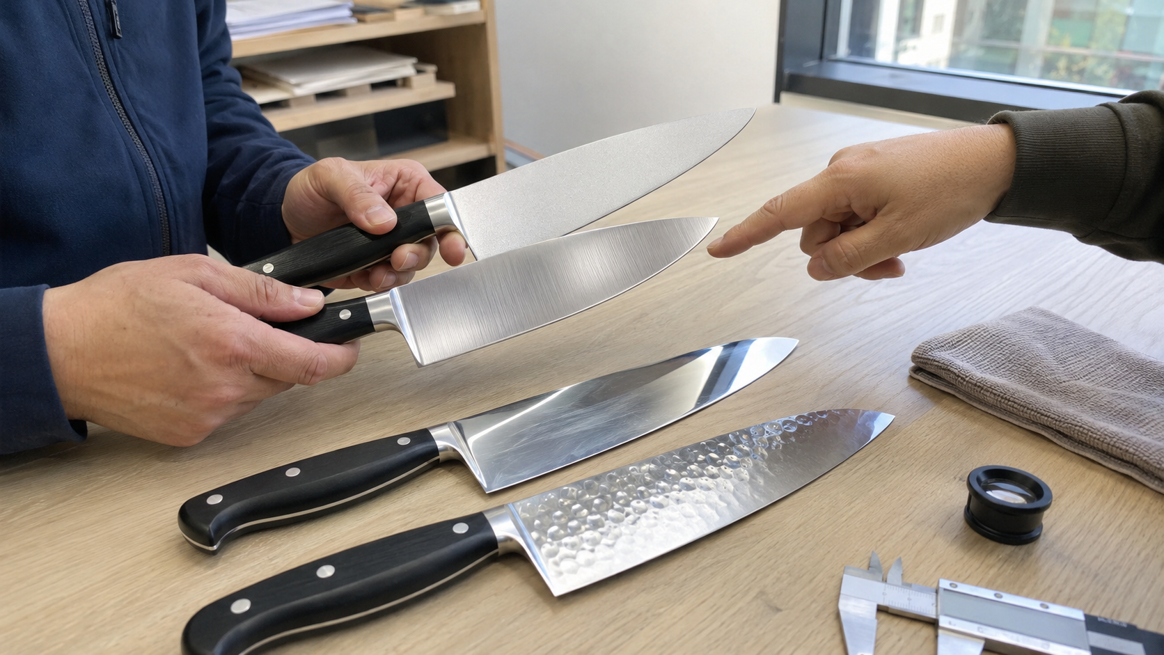 Buyer comparing physical kitchen knife surface-finish samples