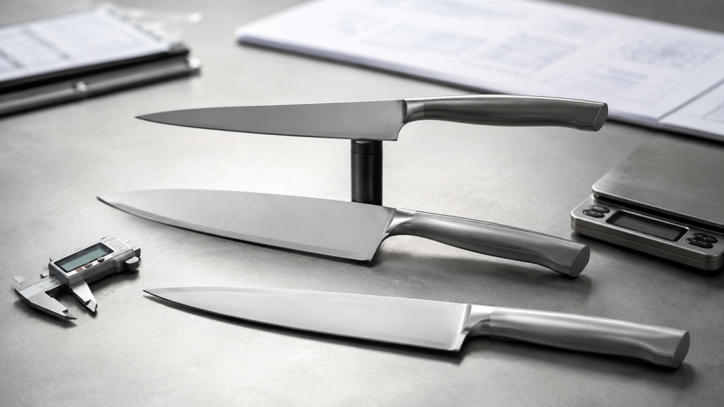 Stainless-steel kitchen knives arranged for a surface-finish sample review