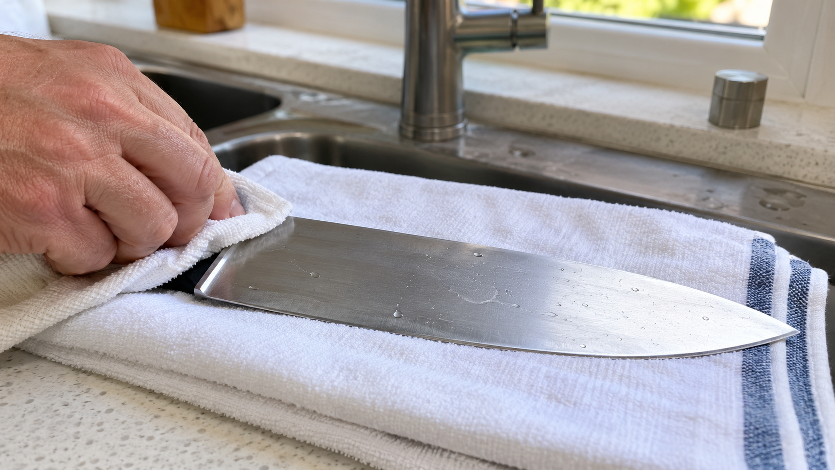 Stainless-steel kitchen knife with water droplets and faint drying marks beside a bright kitchen sink