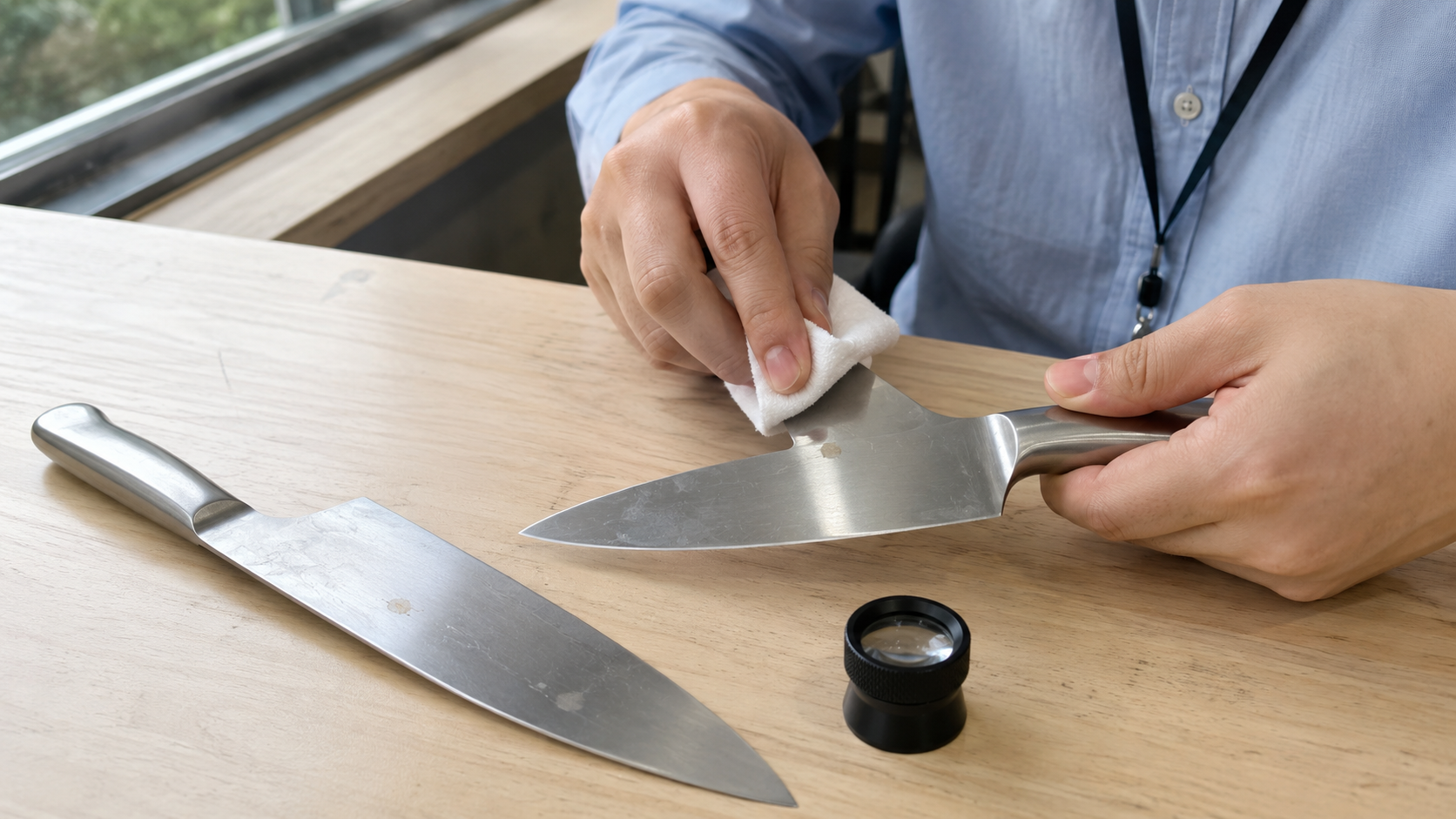 Buyer carefully wiping and reinspecting a small surface mark on stainless-steel kitchen knives