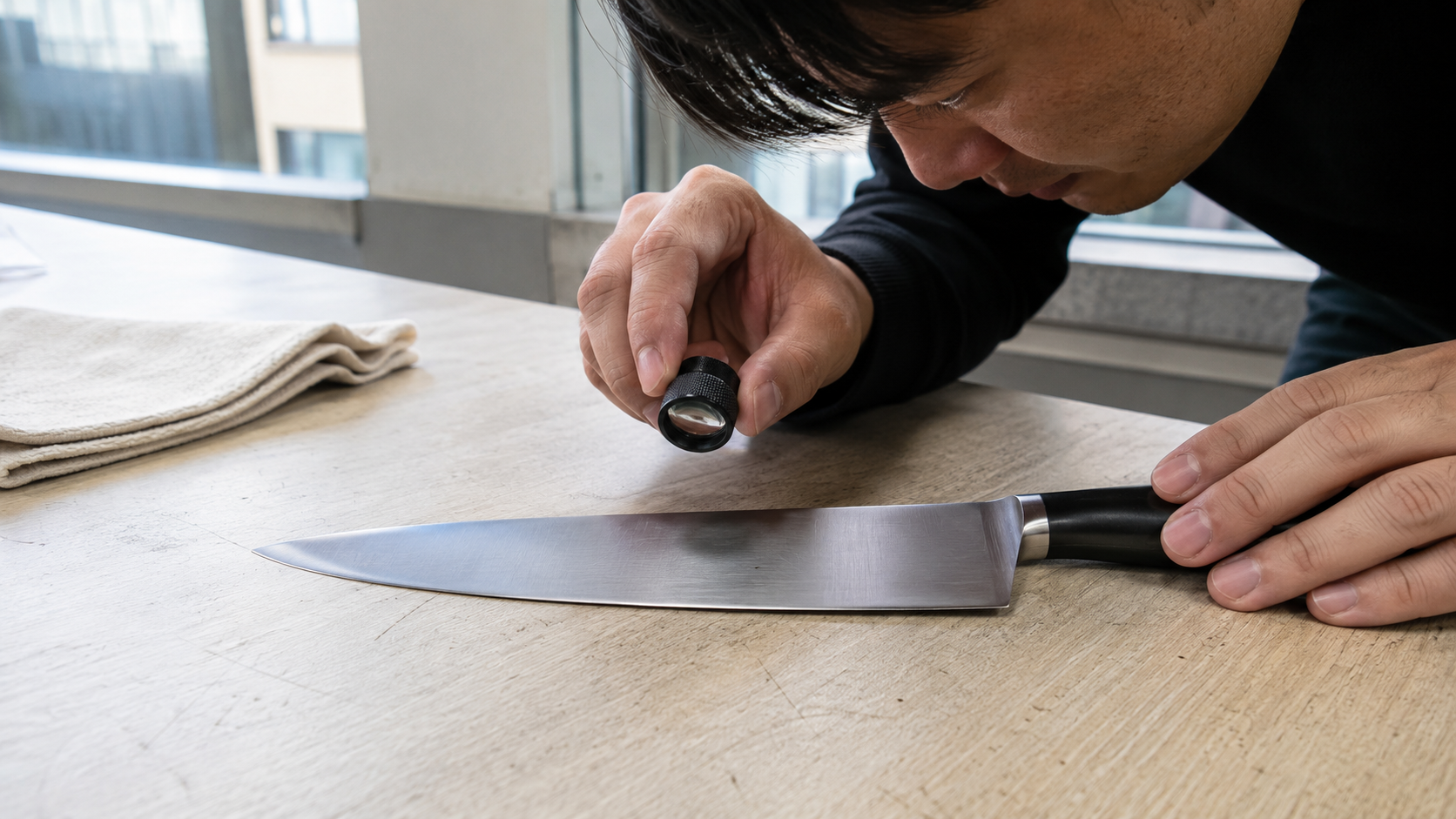 Buyer using a magnifying loupe to inspect one tiny localized mark on a stainless-steel knife blade