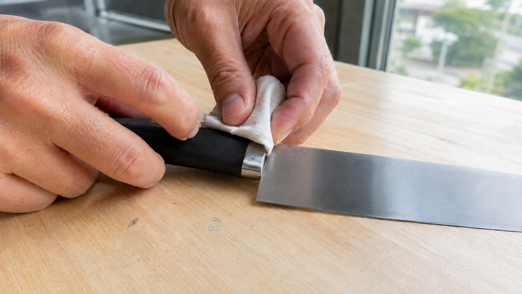 Buyer drying and inspecting the blade-to-handle junction of a kitchen knife after moisture exposure