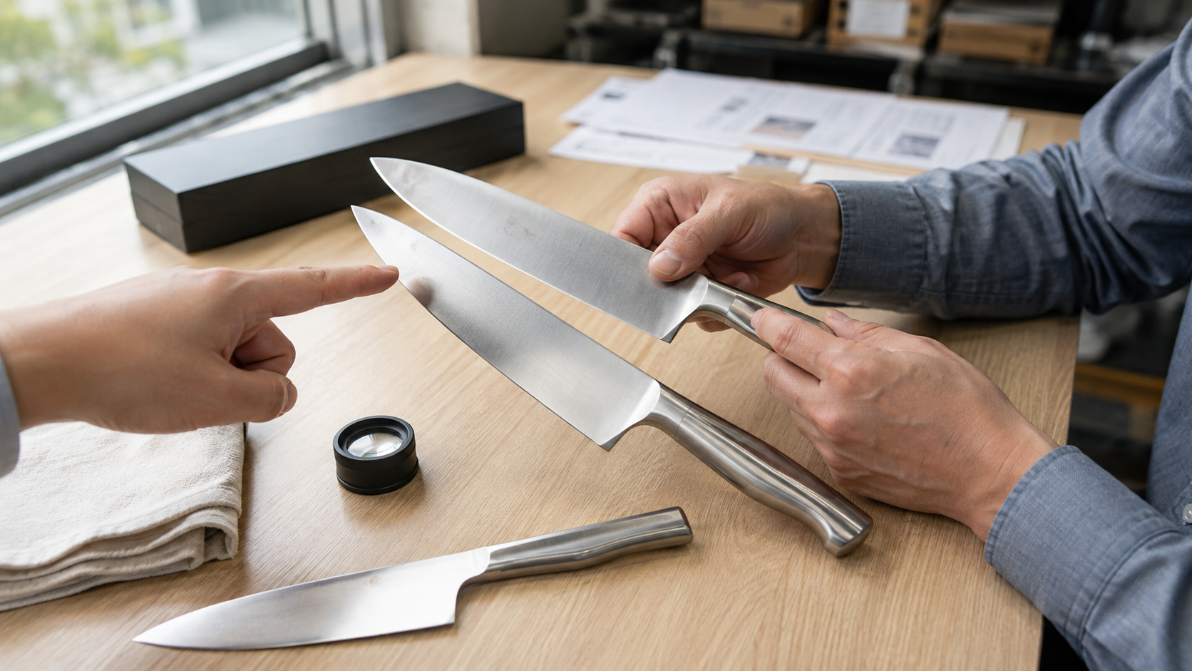 Buyer comparing marked and reference kitchen knife samples during a surface-condition investigation