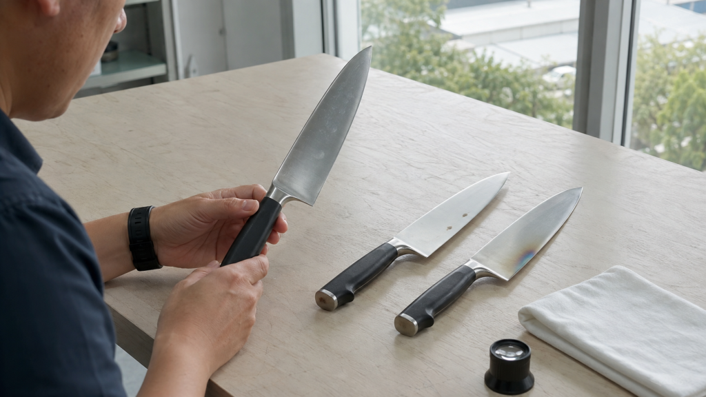Stainless-steel kitchen knives being compared for spots, drying marks and discoloration