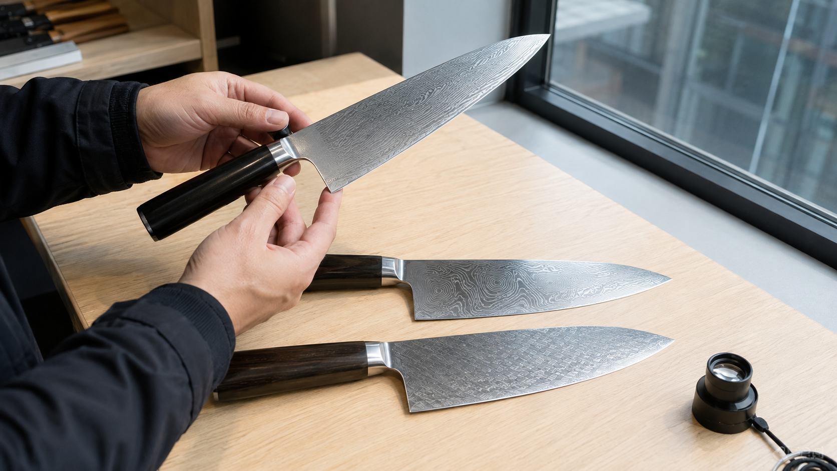 Buyer comparing the restrained metallic surface patterns of three unbranded kitchen knives in natural light