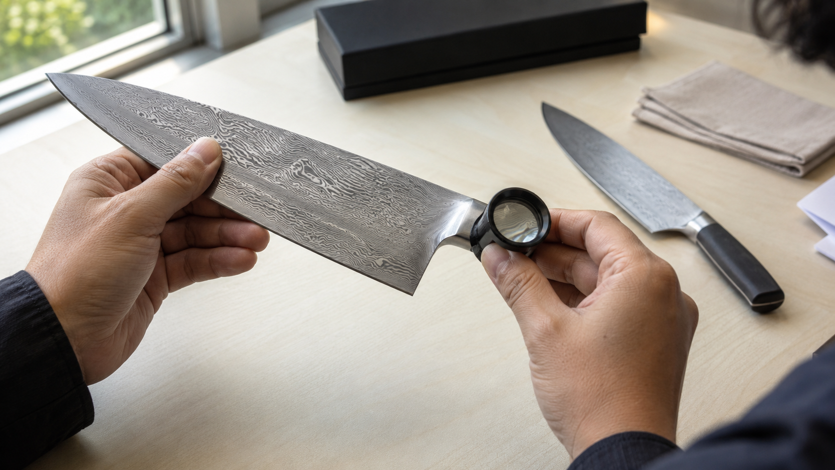 Buyer inspecting the heel and choil of a patterned kitchen knife with a handheld magnifying loupe