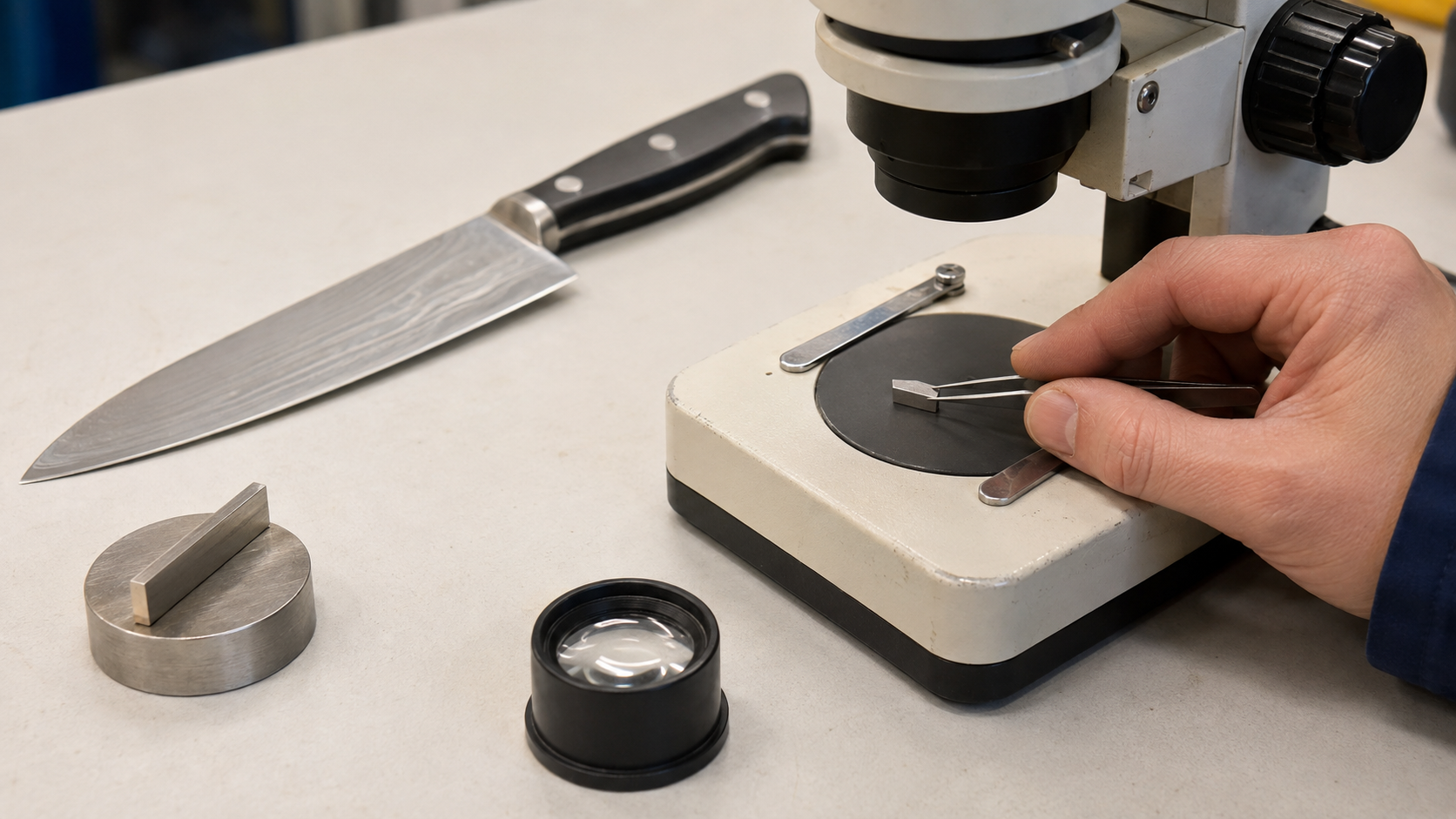 Technician positioning a prepared three-layer blade cross-section beside a materials inspection microscope