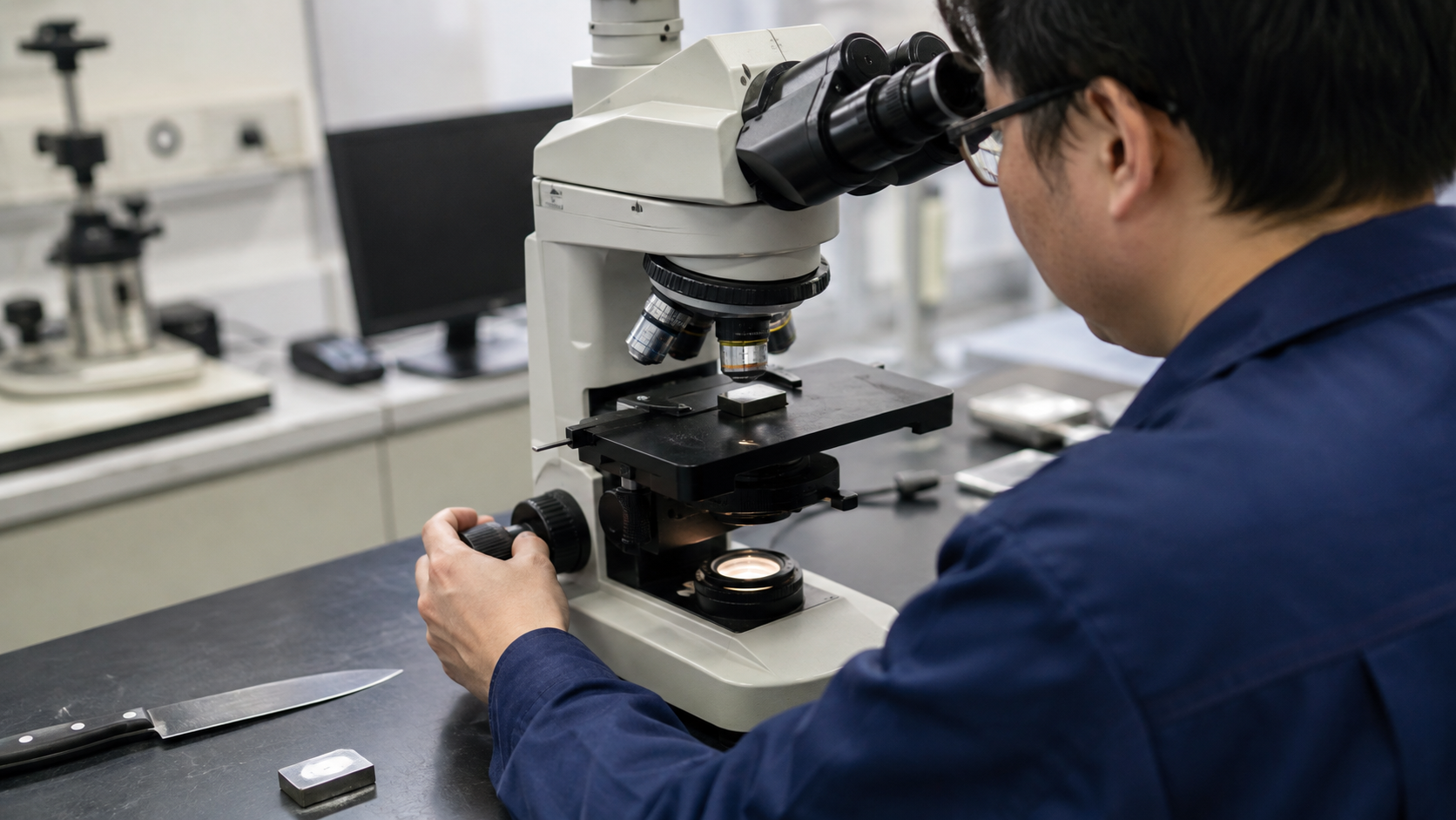 Technician examining a prepared kitchen-knife blade specimen with an optical metallurgical microscope