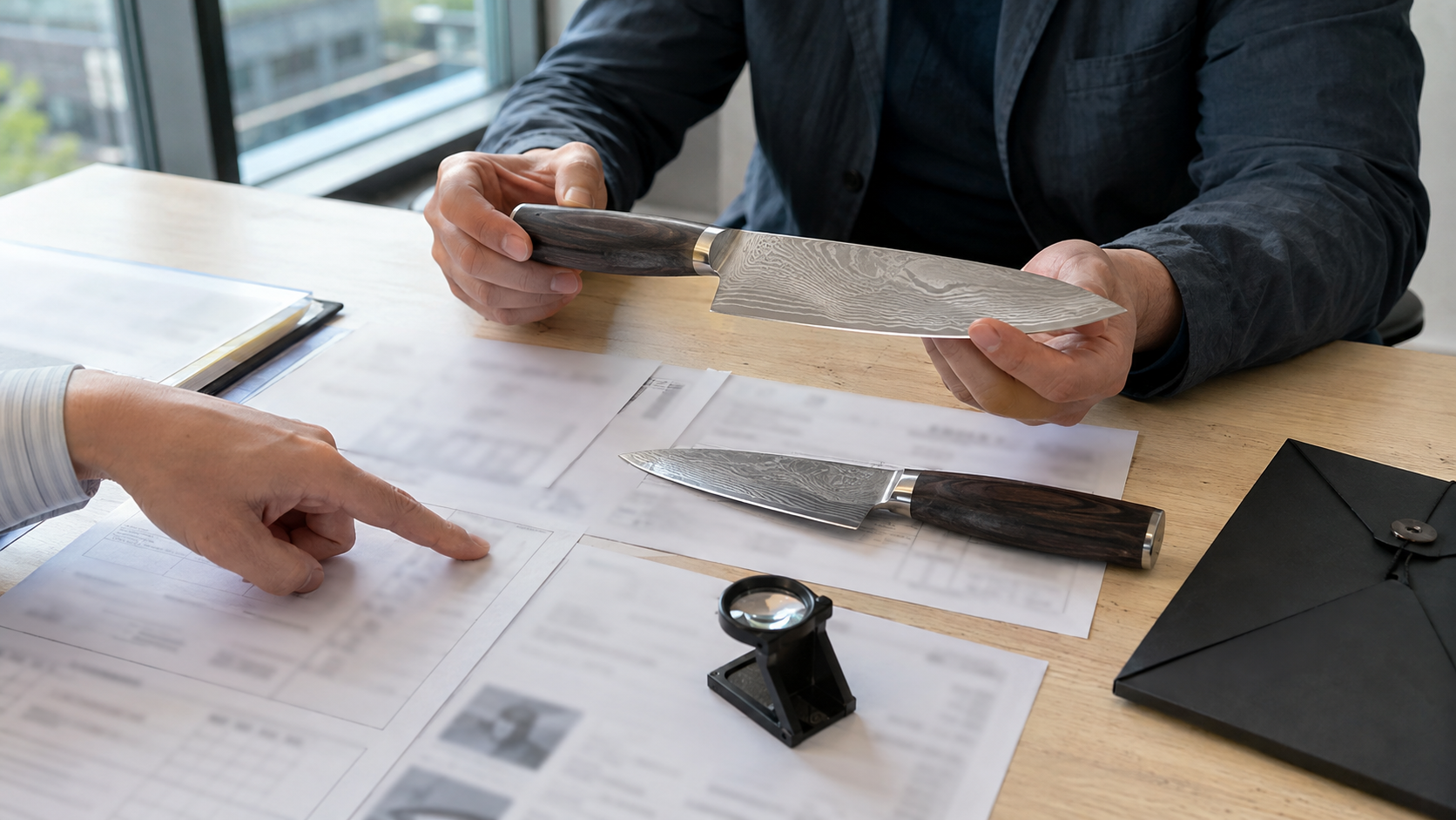 Buyer comparing patterned kitchen-knife samples with unreadable supplier specification documents
