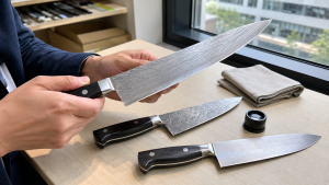 Buyer comparing three unbranded patterned kitchen knives in natural light