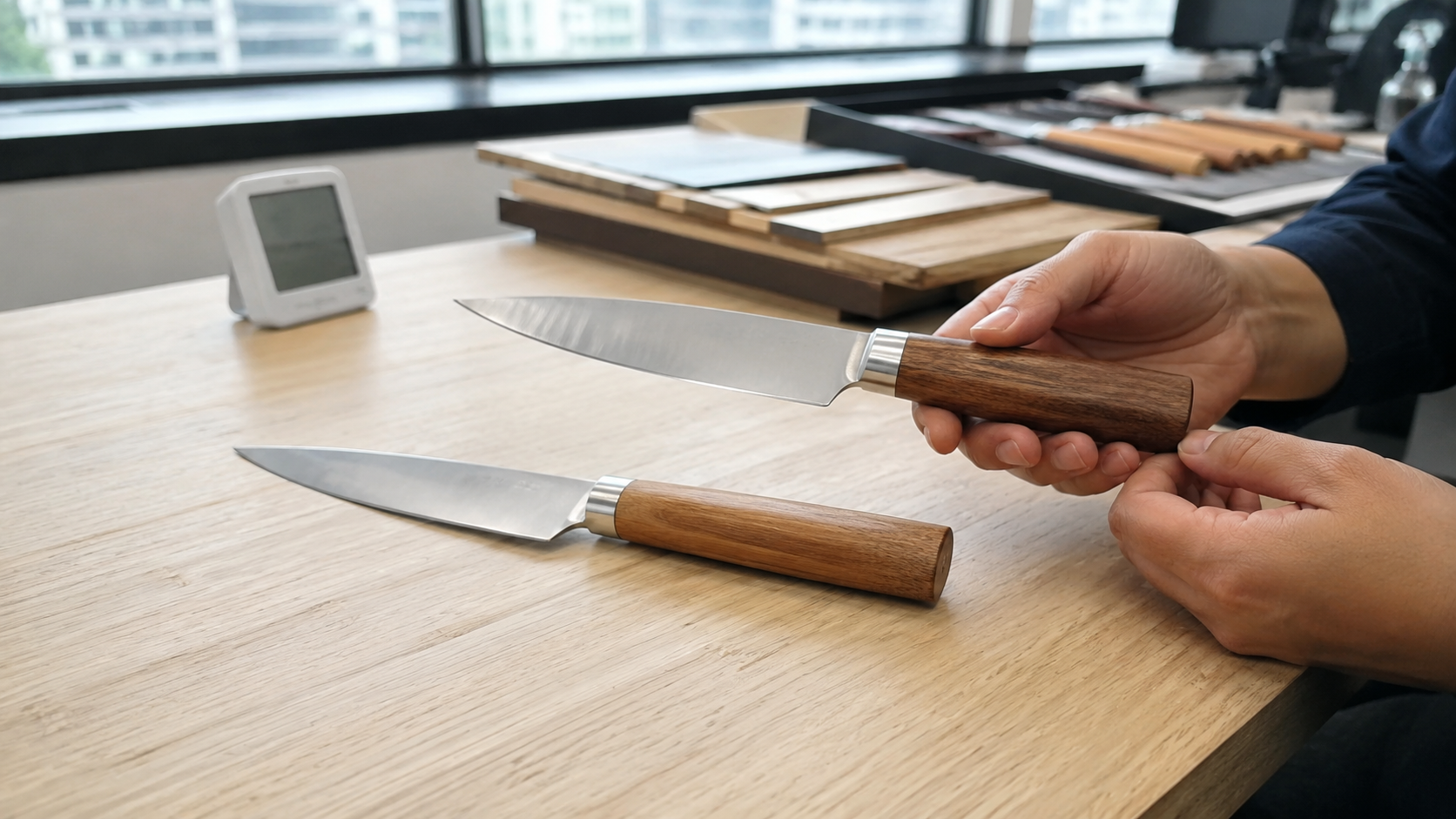 Buyer comparing two unbranded wooden-handle kitchen knives beside an unreadable humidity monitor