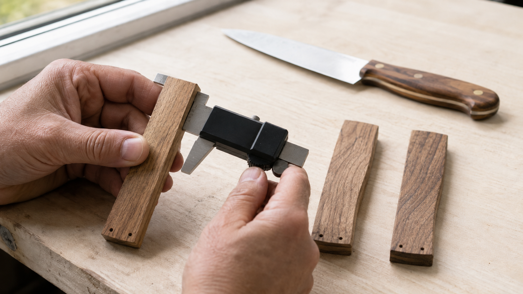 QC employee measuring wooden knife-handle scales with different grain orientations