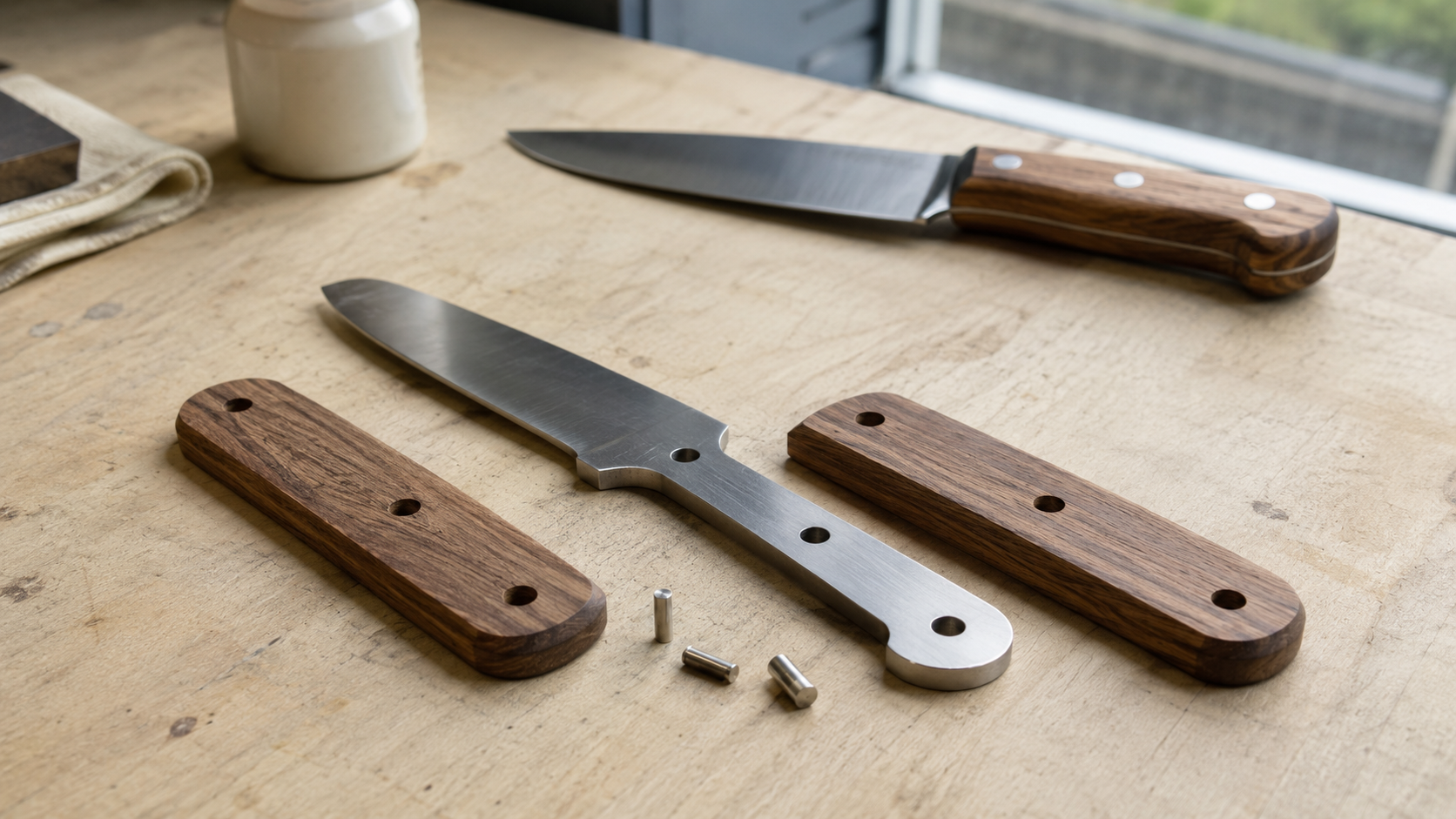Wooden handle scales, steel tang, and metal pins arranged for construction review