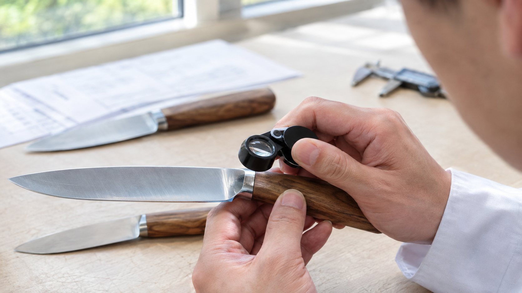 QC employee inspecting a wooden knife handle interface with a magnifying loupe