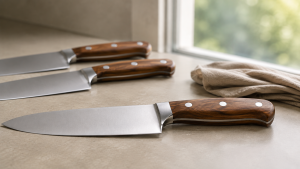 Three unbranded wooden-handle kitchen knives arranged near a window for environmental inspection